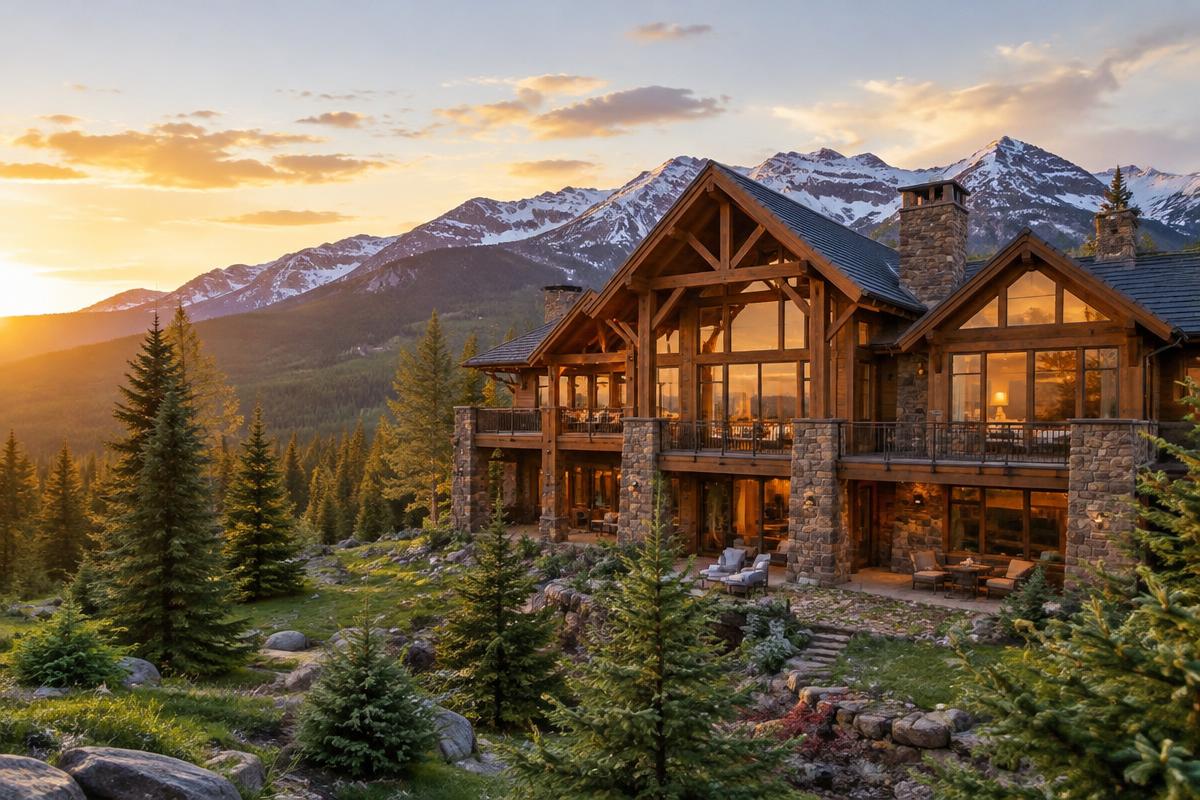 Timber-and-stone mountain lodge below snow-capped Colorado peaks at sunset